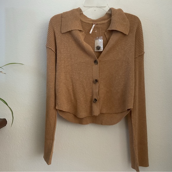 NWT Free People Ella Sweater Cardigan Shirt in Iced Coffee Size M - Picture 7 of 15